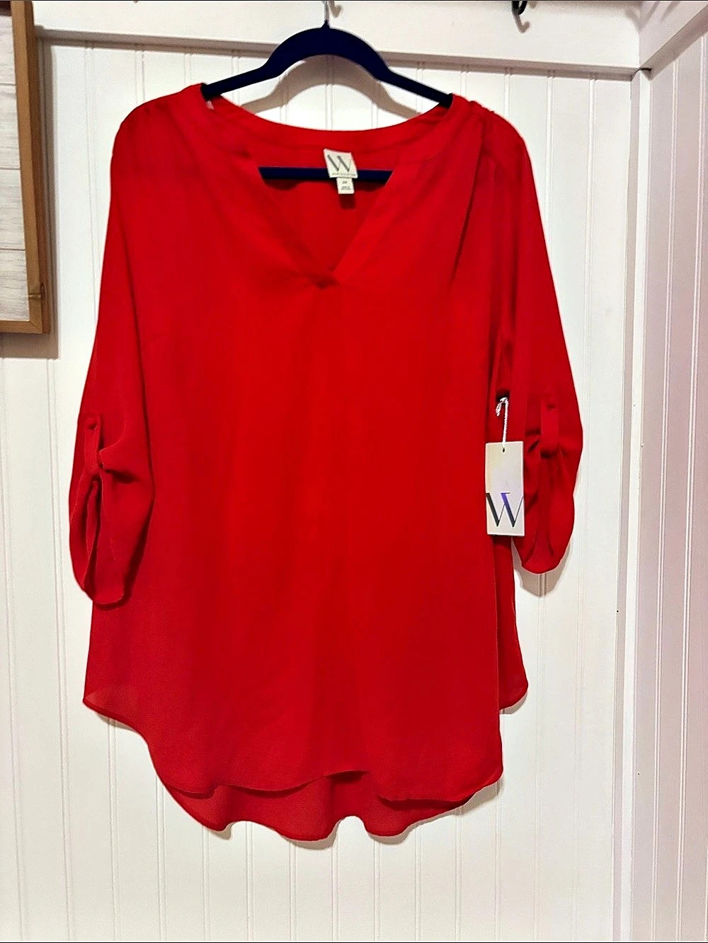 Worthington V-Neck Roll-Tab Sleeve Blouse Red XXL